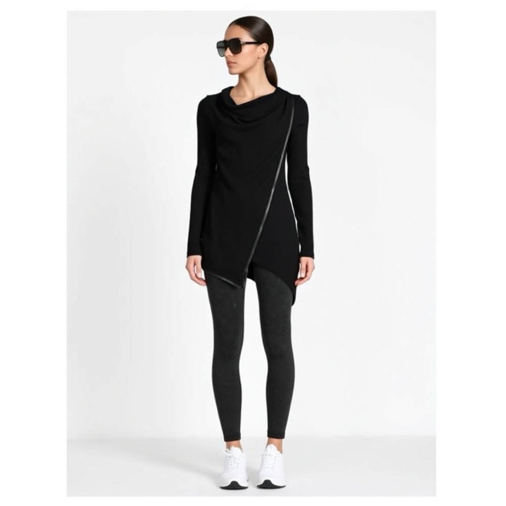 Marc New York Cowl Neck Asymmetrical Faux Leather Trim Ribbed Tunic‎ Top Black L